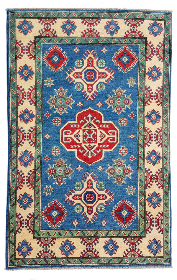 Hand knotted  6'0x 3'8 wool kazak area rug  185x118 cm  Oriental carpet