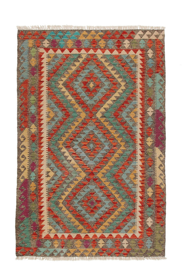5'97x3'93 Sheep Wool Hand knotted Multicolor Geometric Afghan kilim Area Rug