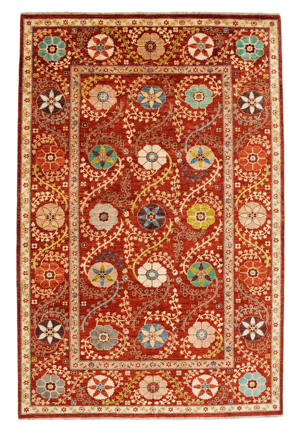 Hand knotted 9'9 x 6'7 Suzani  Wool Rug 299x201 cm  Oriental Carpet